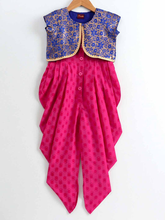 Girls Jumpsuit With Brocade Jacket - Blue & Pink