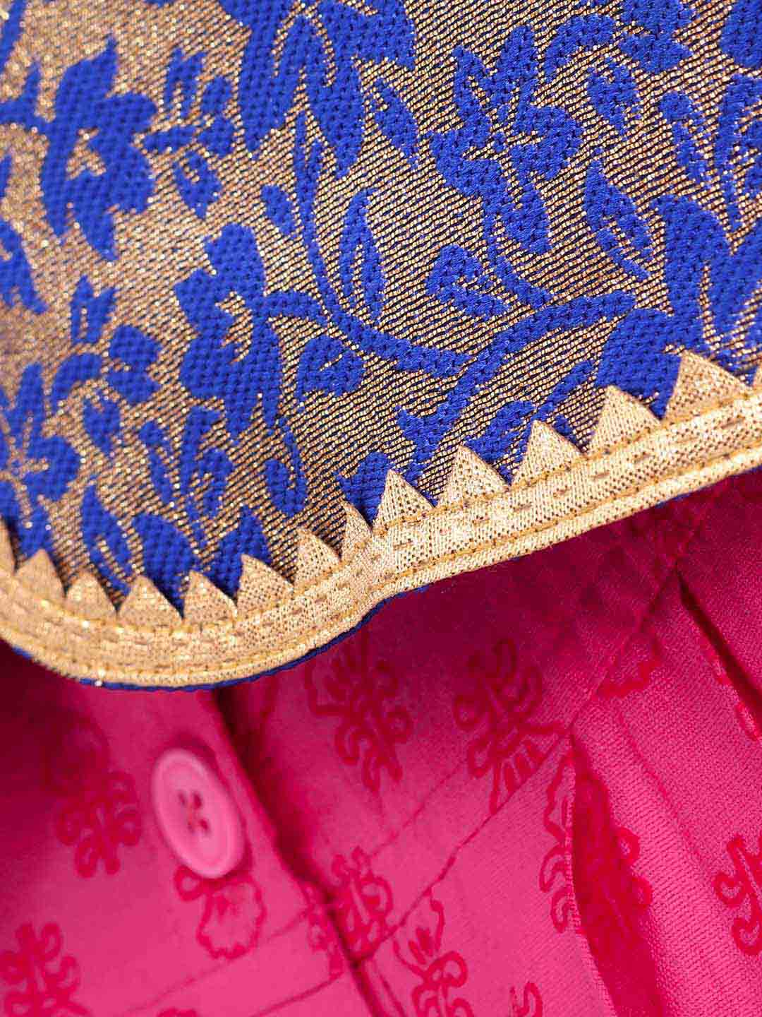 Girls Jumpsuit With Brocade Jacket - Blue & Pink