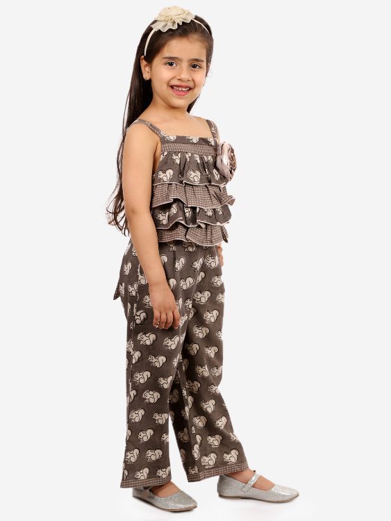Twisha Girls frilled  Checks And Squirrel Print Jumsuit- Brown