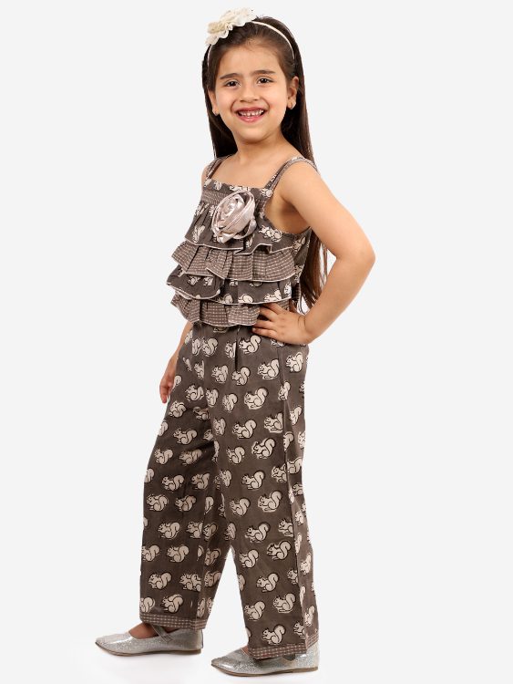Twisha Girls frilled  Checks And Squirrel Print Jumsuit- Brown