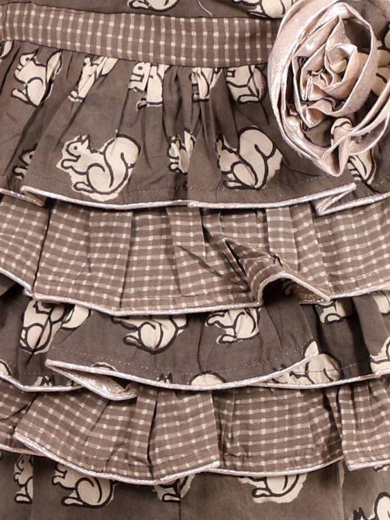 Twisha Girls frilled  Checks And Squirrel Print Jumsuit- Brown