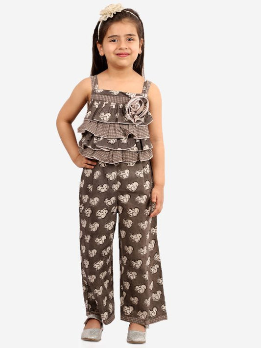 Twisha Girls frilled  Checks And Squirrel Print Jumsuit- Brown