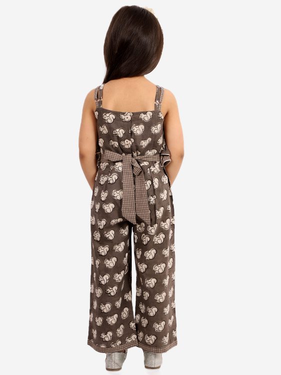 Twisha Girls frilled  Checks And Squirrel Print Jumsuit- Brown