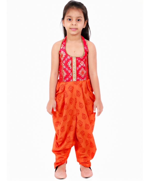 Girls Halter Neck Printed Jumpsuit-Orange