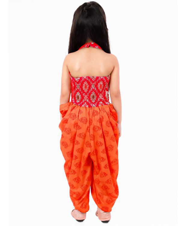 Girls Halter Neck Printed Jumpsuit-Orange
