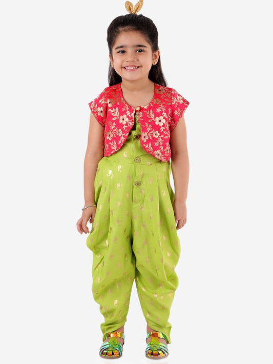 Twisha Dhoti Style Whale Print Jumpsuit With Brocade Jacket-Pink-Green