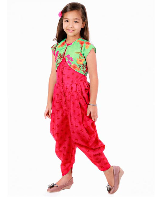 Twisha Dhoti Style Jumpsuit With Floral Jacket-Pink-Green