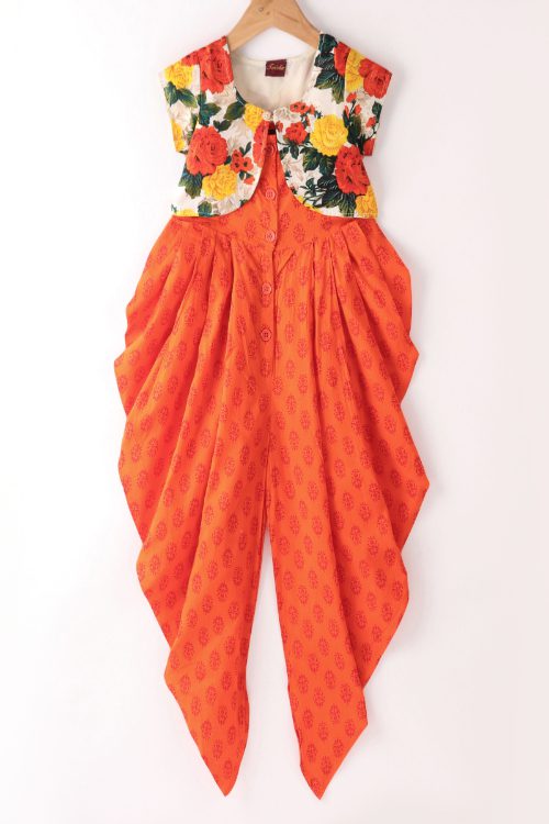 Twisha Girls Fusion Wear Jumpsuit With Floral Printed Shrug - Orange
