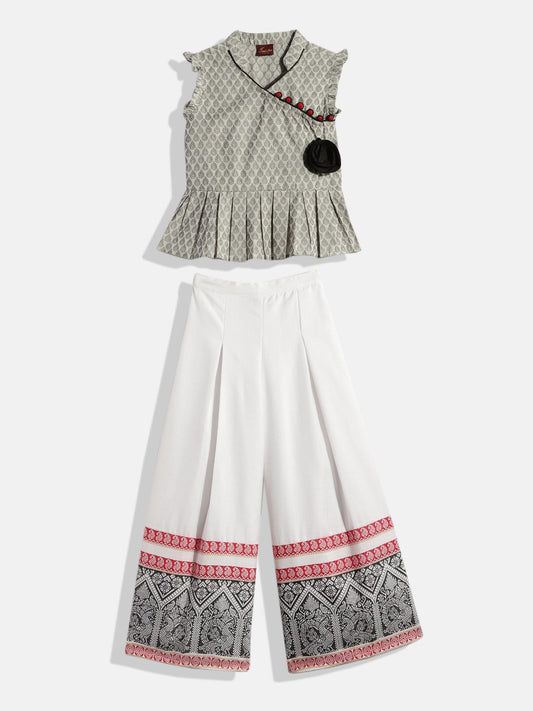 Twisha Girls Sleeveless Ethnic Print Top With Palazzo - Grey & White