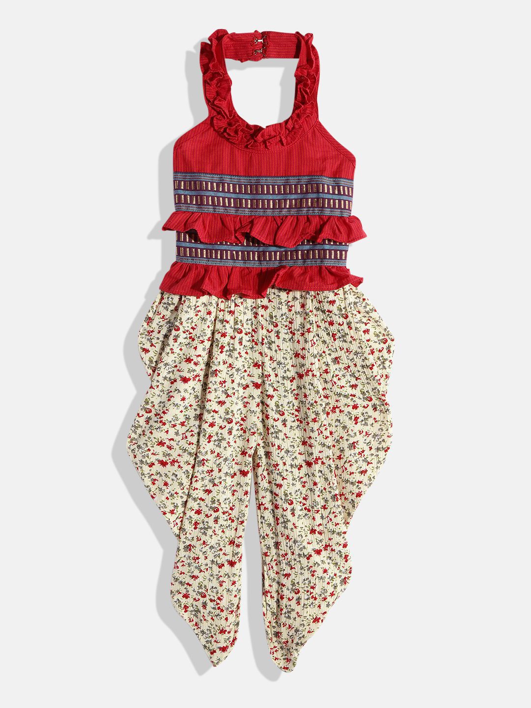 Twisha Girls Printed Basic Jumpsuit With Ruffles - Red & Cream