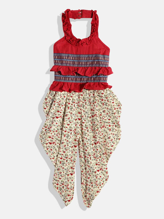 Twisha Girls Printed Basic Jumpsuit With Ruffles - Red & Cream