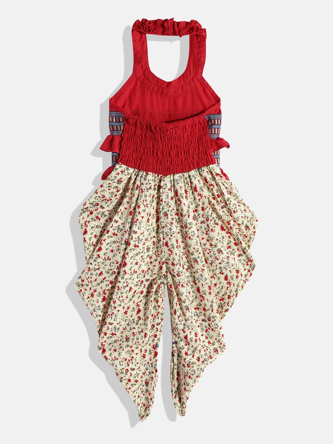 Twisha Girls Printed Basic Jumpsuit With Ruffles - Red & Cream