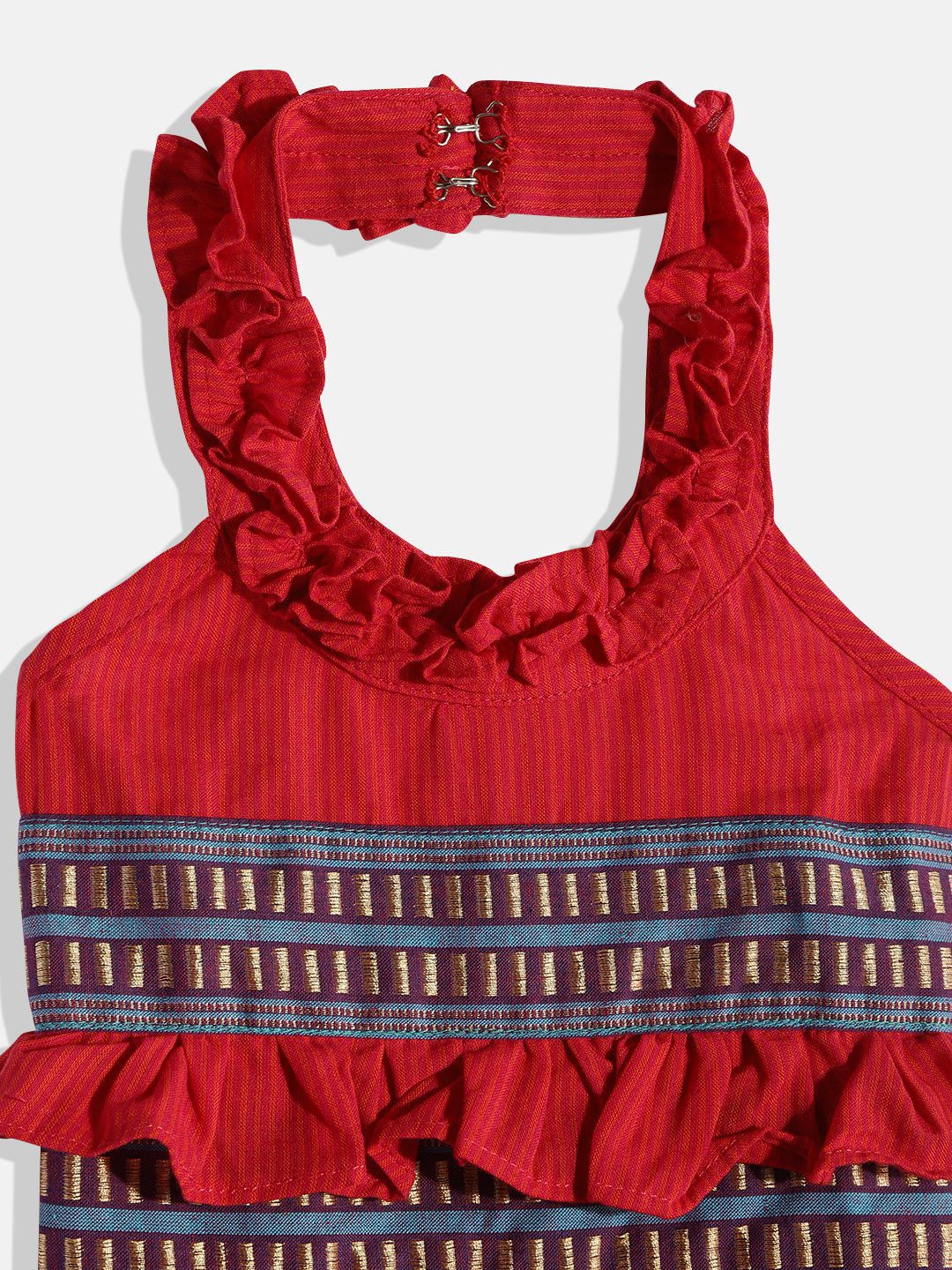Twisha Girls Printed Basic Jumpsuit With Ruffles - Red & Cream