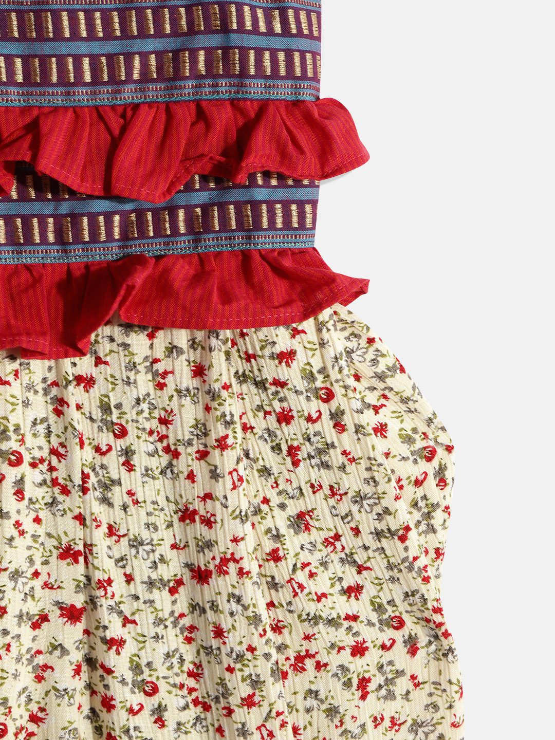 Twisha Girls Printed Basic Jumpsuit With Ruffles - Red & Cream