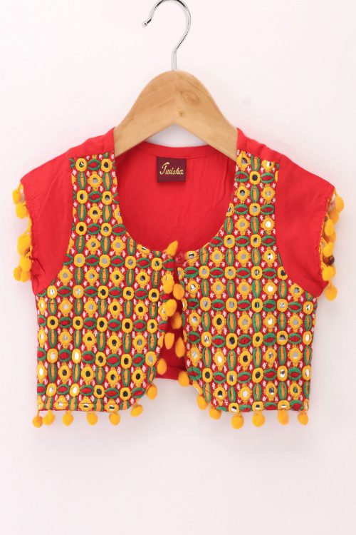 Twisha Girls Sleeveless All Over butta Motif Print Dhoti Style Jumpsuit With  Sleeves Embroidered Jacket- orange & Red