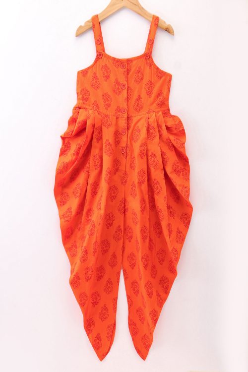 Twisha Girls Sleeveless All Over butta Motif Print Dhoti Style Jumpsuit With  Sleeves Embroidered Jacket- orange & Red