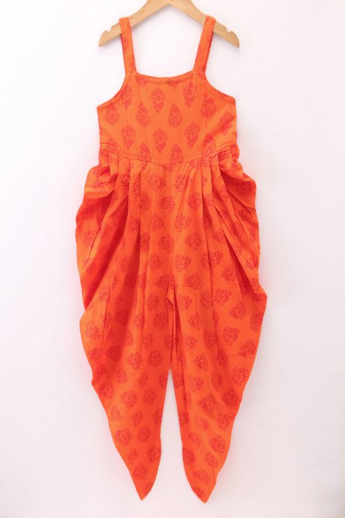 Twisha Girls Sleeveless All Over butta Motif Print Dhoti Style Jumpsuit With  Sleeves Embroidered Jacket- orange & Red