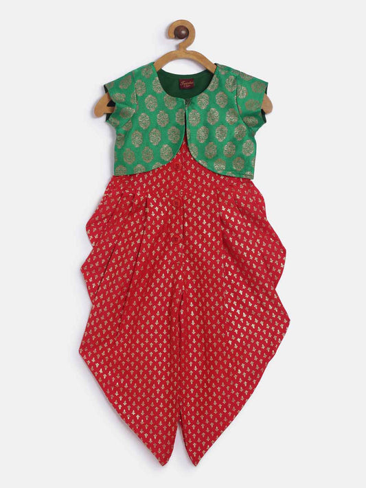 Jumpsuit With Brocade Shrug - Red & Green
