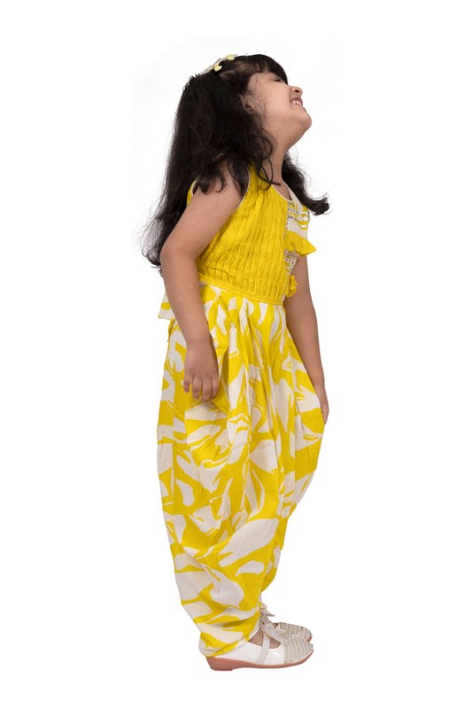 Twisha Cotton Sleeveless Embellished Jumpsuit - Yellow & White