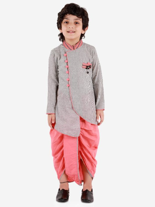 Twisha Strip Print Asymmetric Kurta With Peach Dhoti-Grey