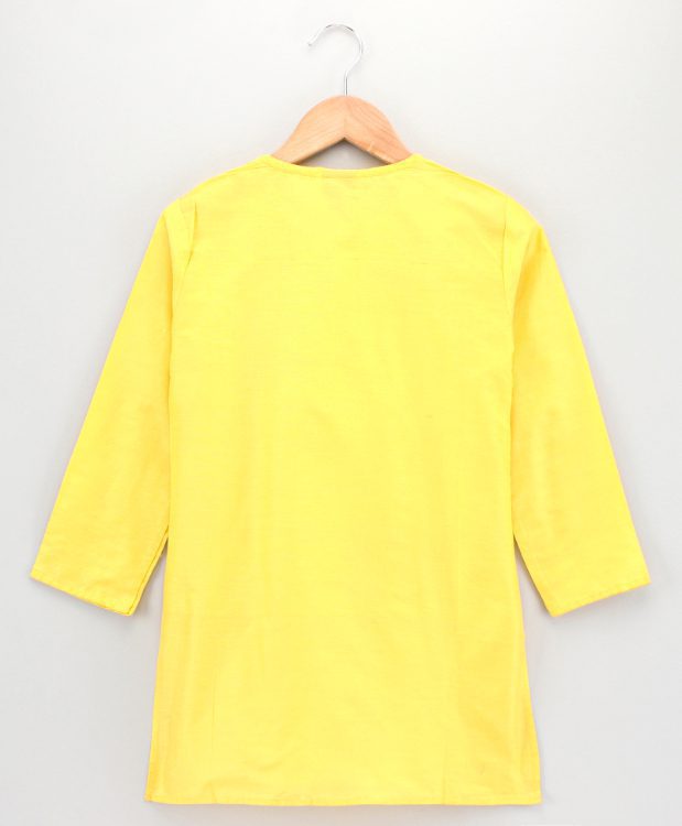 Boys Kurta Pyjama with Threadwork Assymetric Jacket - Yellow and Red