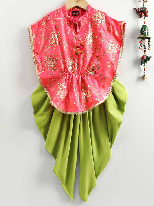 Gold Printed Kaftan Style Kurta & Dhoti - Coral & Green