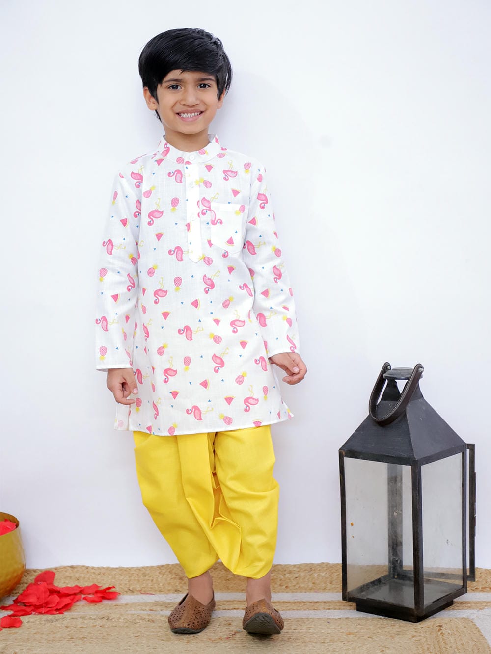Twisha Boy's Full Sleeves Famigo Print Kurta & Dhoti- White & Yellow