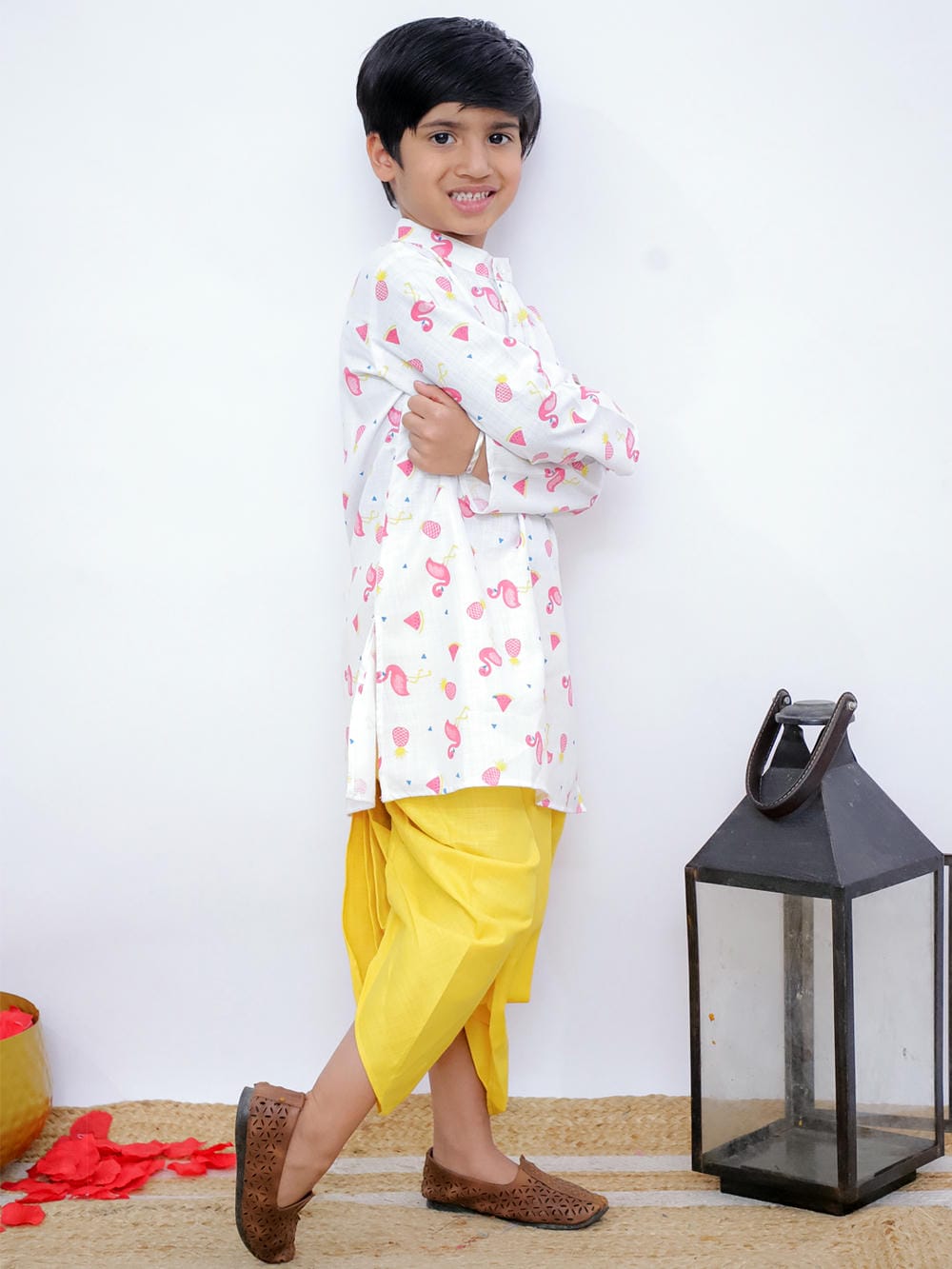 Twisha Boy's Full Sleeves Famigo Print Kurta & Dhoti- White & Yellow