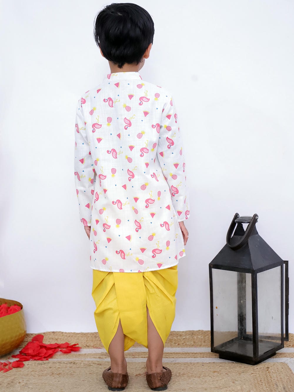 Twisha Boy's Full Sleeves Famigo Print Kurta & Dhoti- White & Yellow
