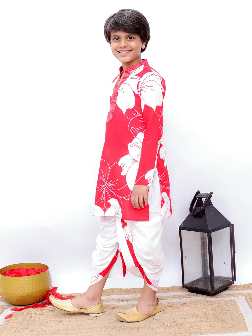 Twisha Boy's Full Sleeves Daisies Print Kurta & Dhoti- Red & White