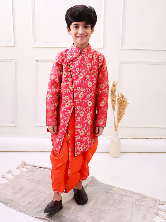 Twisha Brocade Fullsleeves Embellished  kurta with Dhoti - Red & Orange