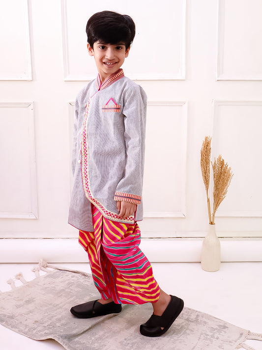 Twisha Cotton Fullsleeves Stripe Design kurta with Dhoti - Grey & Pink