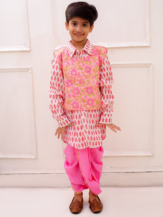 Twisha Cotton Sleeveless All over Printed Top with Dhoti - Peach & White