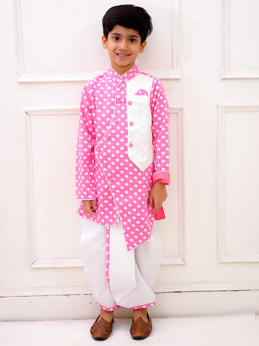 Twisha Cotton Fullsleeves All Over Printed kurta with  Dhoti - BabyPink & White