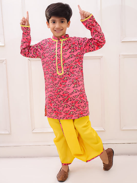 Twisha Rayon Fullsleeves Butterfly Printed  kurta with Dhoti - Coral & Yellow