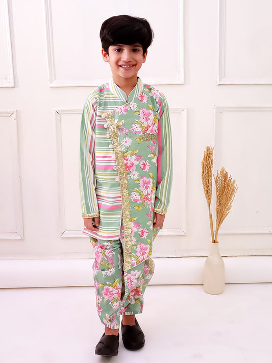 Twisha Cotton Fullsleeves All Over Printed kurta with Dhoti - Olive Green & Pink