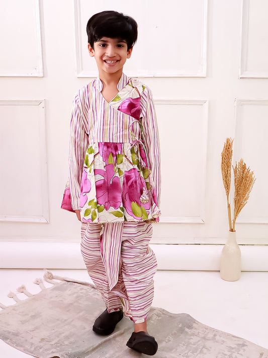 Twisha Cotton Fullsleeves All Over Printed kurta with Dhoti - White & Purple