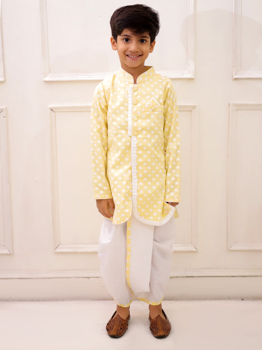 Twisha Cotton Fullsleeves elephant Printed kurta with Dhoti - Yellow & White