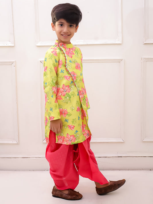 Twisha Fullsleeves Floral Printed kurta with  Dhoti - Lemon & Pink