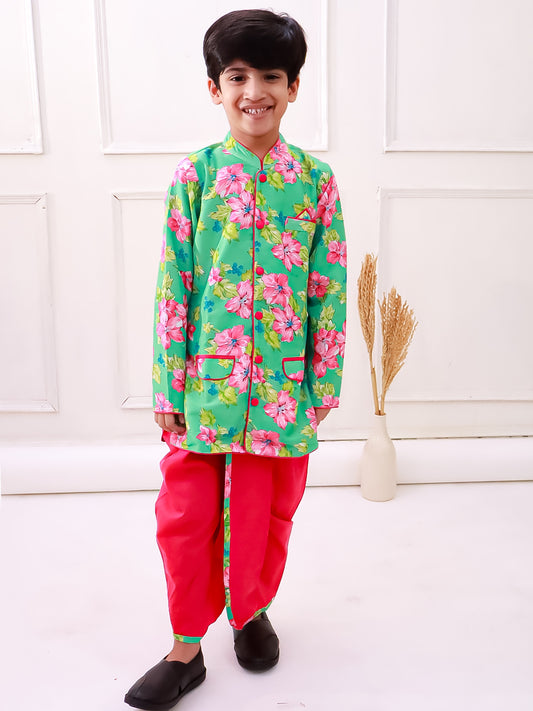 Twisha Fullsleeves Floral Printed kurta with Dhoti - SeaGreen & Pink