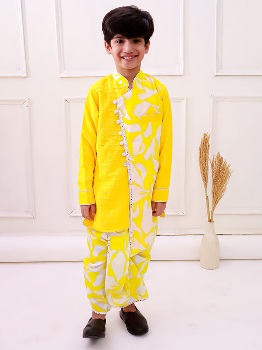 Twisha Cotton Fullsleeves Emblished kurta with Dhoti - Yellow & White