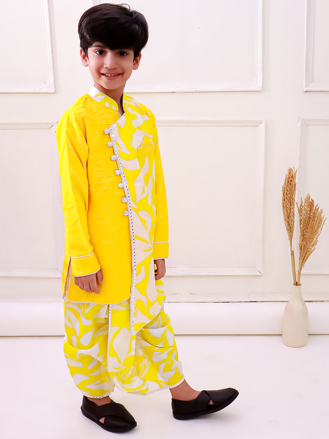 Twisha Cotton Fullsleeves Emblished kurta with Dhoti - Yellow & White