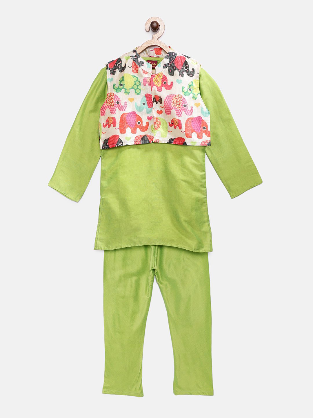 Boys Solid Kurta & Pyjama With Printed Jacket -  Green