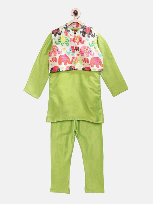 Boys Solid Kurta & Pyjama With Printed Jacket -  Green