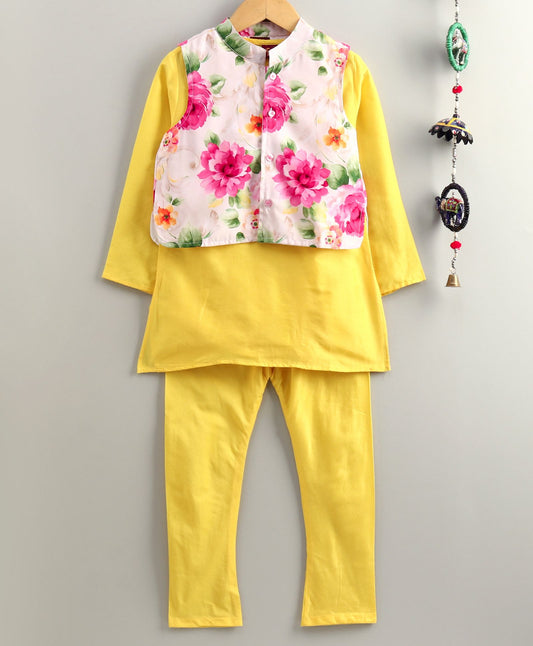 Twisha Boys Solid  Kurta & Pyjama With Printed Jacket- Yellow