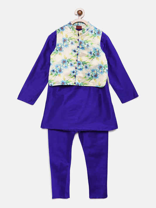 Twisha Boys Solid Kurta & Pyjama With Printed Jacket- Blue
