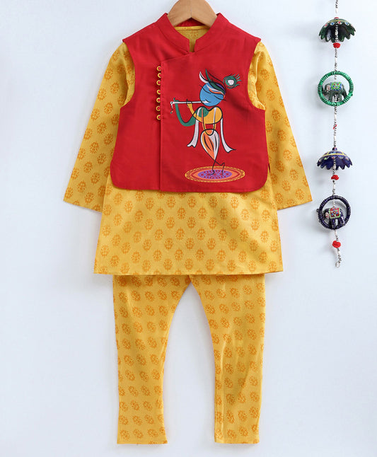 Twisha Boys Printed  Kurta & Pyjama With Printed Jacket- Yellow