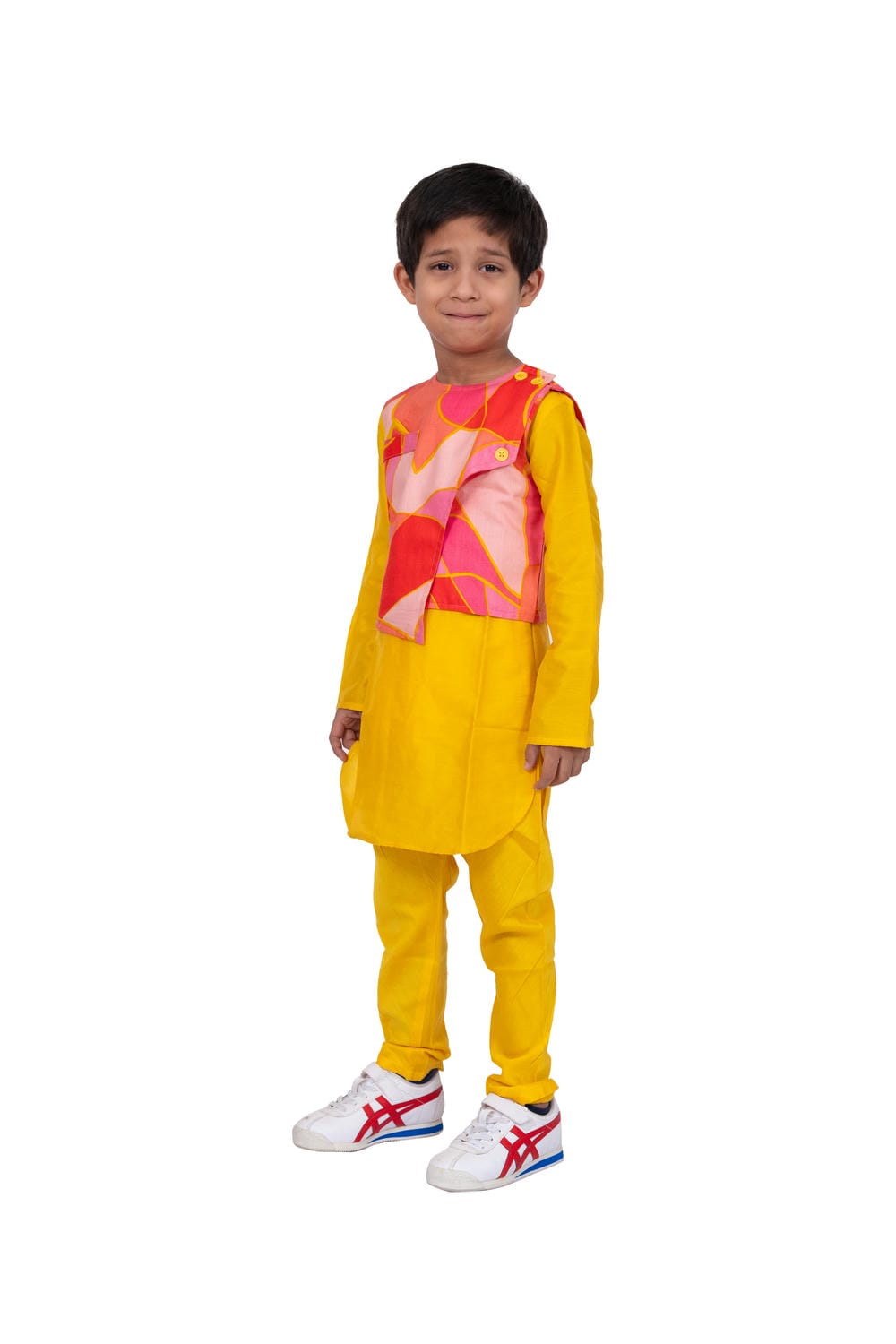 Twisha Boy's Full Sleeves Cotton Kurta Pyjama Geometric Print Jacket -Yellow & Coral