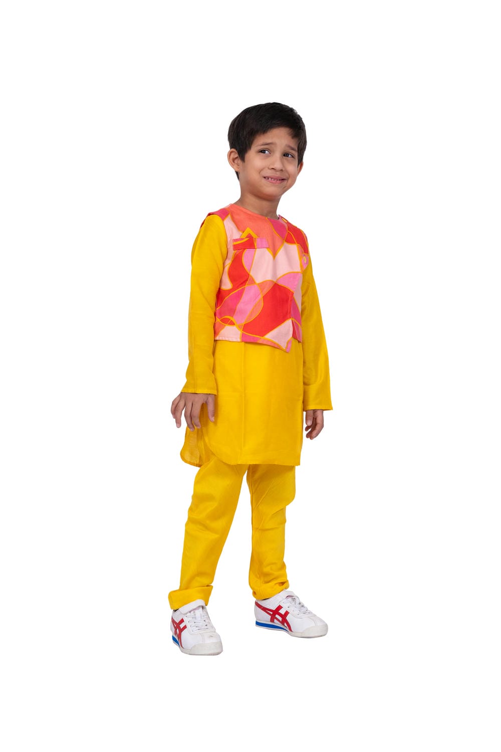 Twisha Boy's Full Sleeves Cotton Kurta Pyjama Geometric Print Jacket -Yellow & Coral