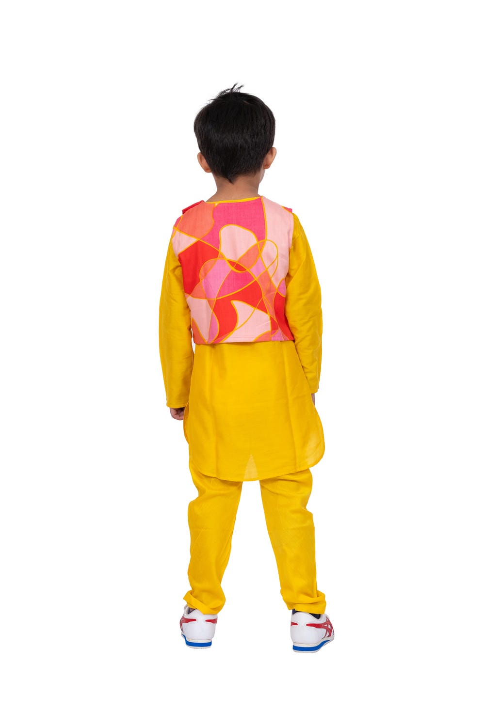 Twisha Boy's Full Sleeves Cotton Kurta Pyjama Geometric Print Jacket -Yellow & Coral